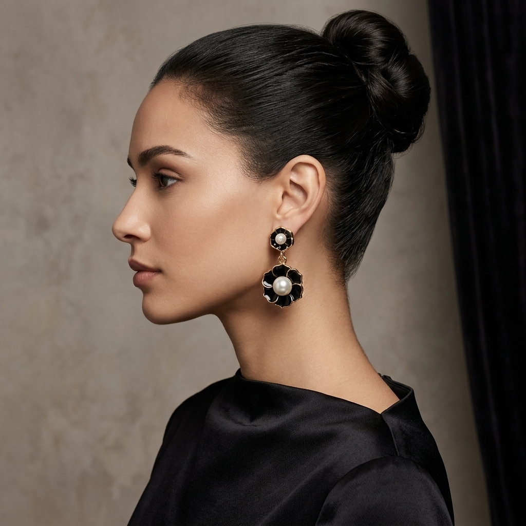 Black Enamel Floral & Faux Pearl Statement Earrings
