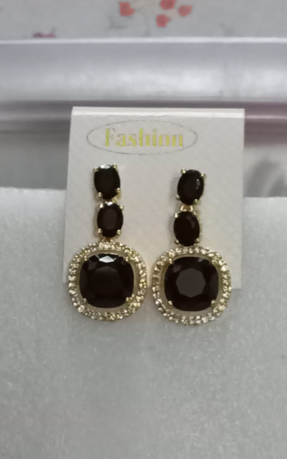 Black Crystal Cushion Halo Tiered Drop Earrings