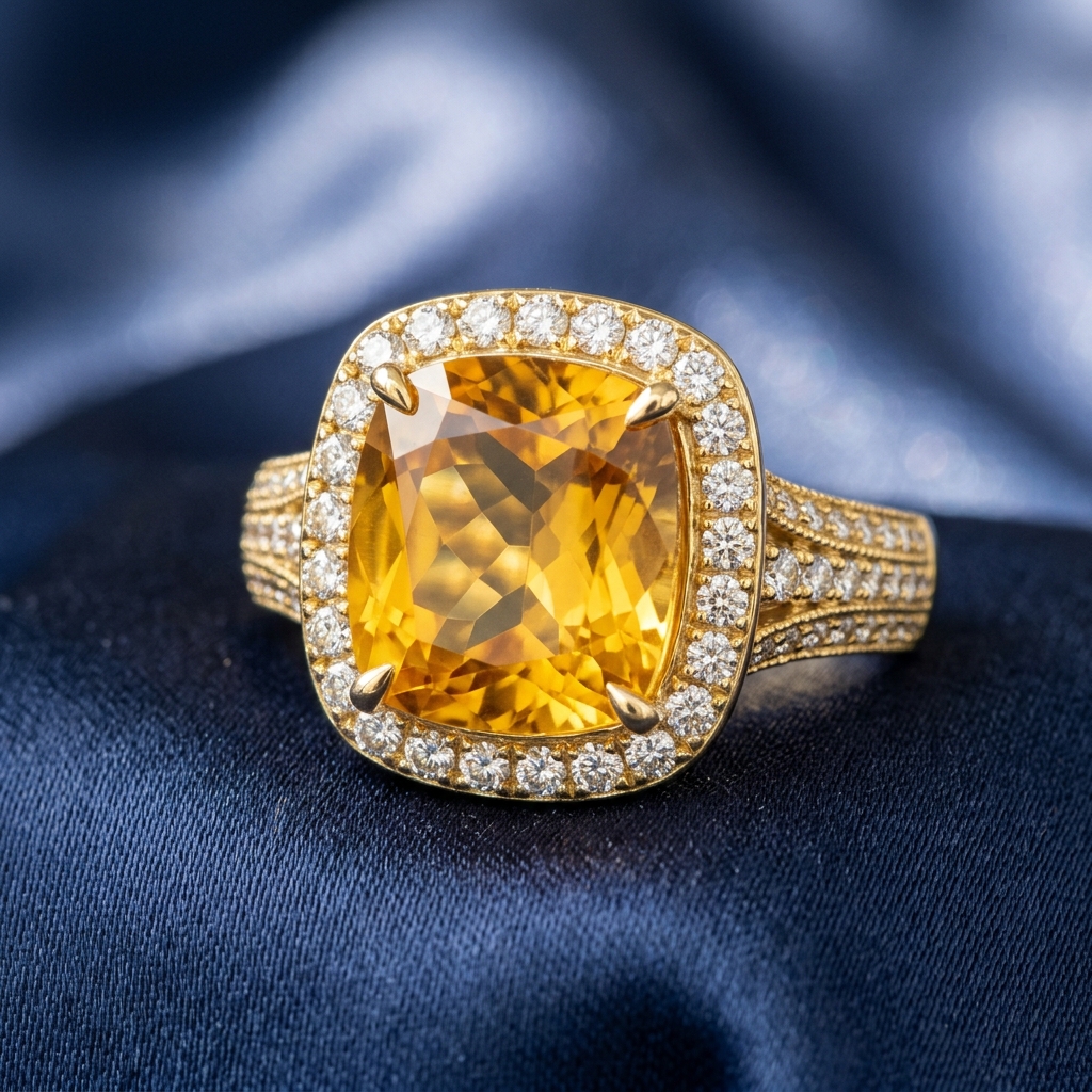 Amber Crystal Cushion Halo Cocktail Statement Ring