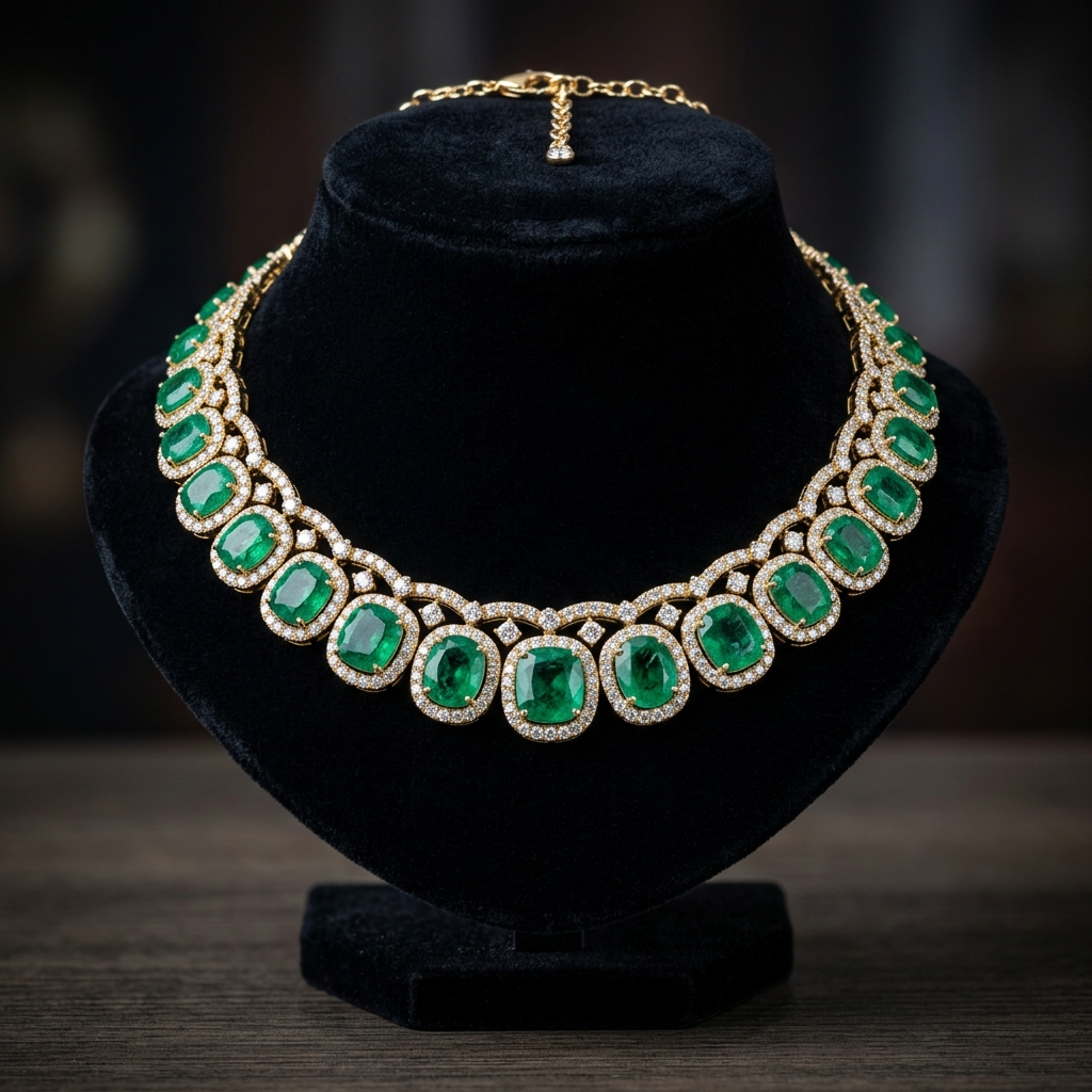 Simulated Emerald & CZ Halo Collar Choker Necklace