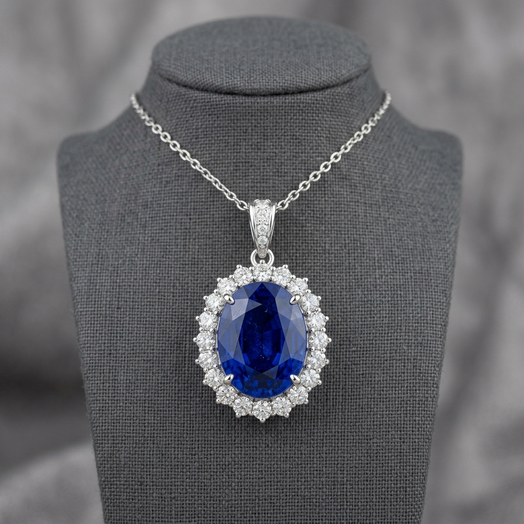 Royal Blue Crystal Oval Diana Halo Pendant Necklace